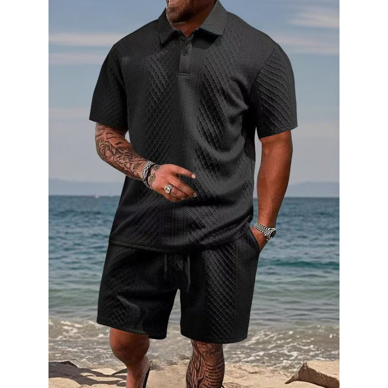 Men Textured Polo Short Sleeve Top & Drawstring Shorts 2‑Piece Outfit