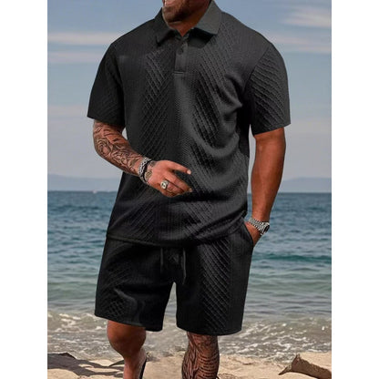 Men Textured Polo Short Sleeve Top & Drawstring Shorts 2‑Piece Outfit