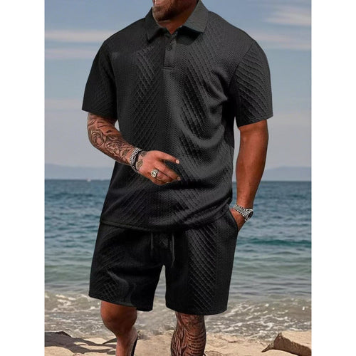 Men Textured Polo Short Sleeve Top & Drawstring Shorts 2‑Piece Outfit