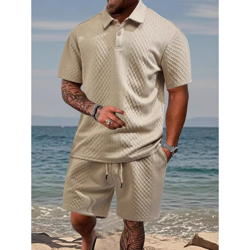 Men Textured Polo Short Sleeve Top & Drawstring Shorts 2‑Piece Outfit