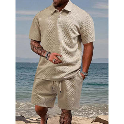 Men Textured Polo Short Sleeve Top & Drawstring Shorts 2‑Piece Outfit
