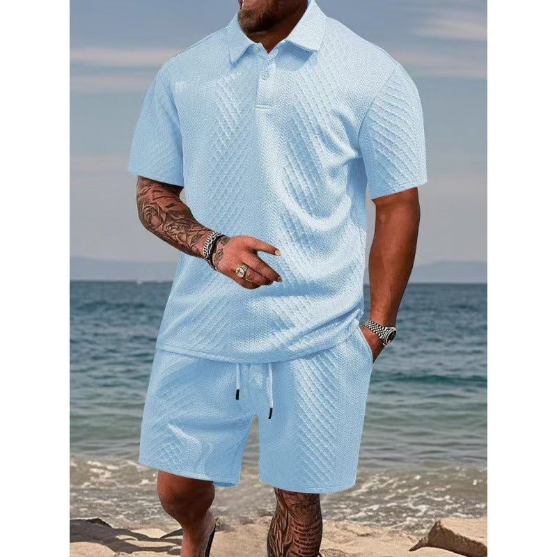 Men Textured Polo Short Sleeve Top & Drawstring Shorts 2‑Piece Outfit