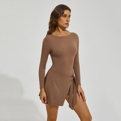 Women Boat Neck Long Sleeve Bodysuit & Wrap Skort Set | Stretchy 2‑Piece Active Sports Outfit