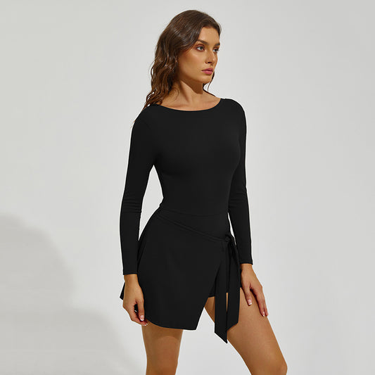 Women Boat Neck Long Sleeve Bodysuit & Wrap Skort Set | Stretchy 2‑Piece Active Sports Outfit