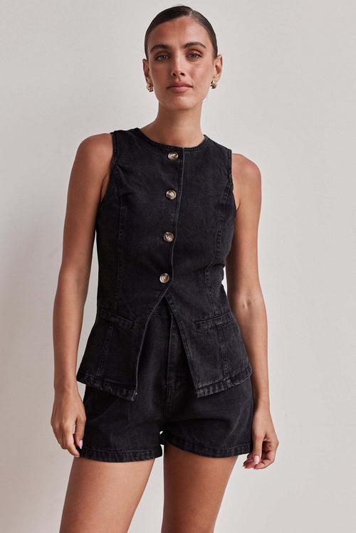Women Round Neck Sleeveless Denim Vest & Shorts 2 Piece Outfit Set