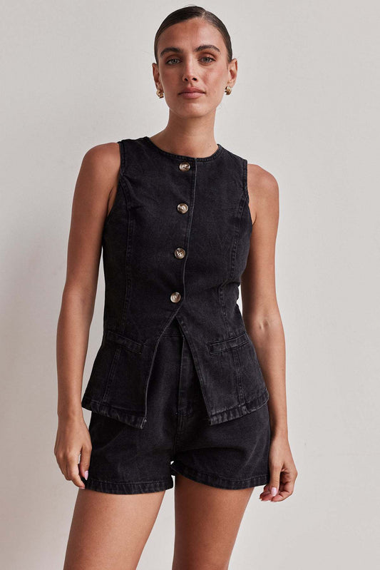 Women Round Neck Sleeveless Denim Vest & Shorts 2 Piece Outfit Set
