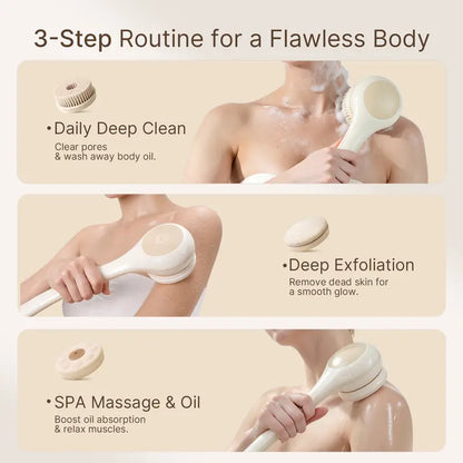 Silicone & Bristle Electric Body Brush - Dual-Handle Waterproof Spin Exfoliating Tool, Spa Luxury Body Care Accessory Set for Bacne Care & Stress Relief, Rechargeable 3-Piece Skin Health Kit (2 Months Daily Use, Ideal Gift), Body Care Tool